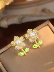 1pc Cute Titanium Steel Necklace Paired With A 18K Gold-Plated Copper Flower Pendant Stud Earring Inlaid With Cubic Zirconia Is A Suitable Gift For Family And Friends. - Multicolor - View 6