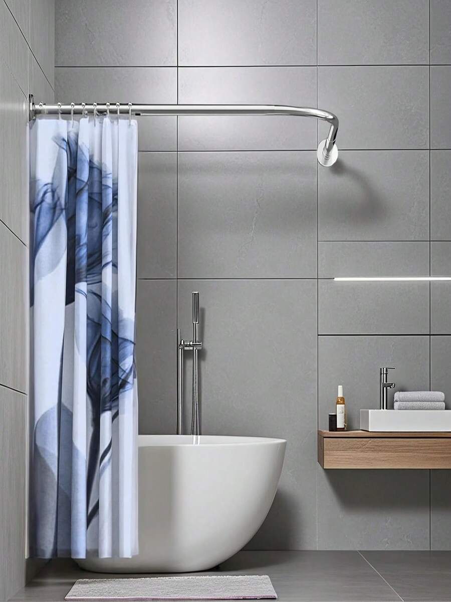 L-Shaped Curtain Rod, No Drilling Required, Curved Extendable Shower Curtain Rod For Bathroom, Corner Curtain Rod For Bathroom And Kitchen, Fixed Support Rod For Bedroom