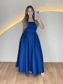Women's Long Strapless Dress With Back Tie In Elegant Premium Tailoring - 水鴨藍 - 查看 1