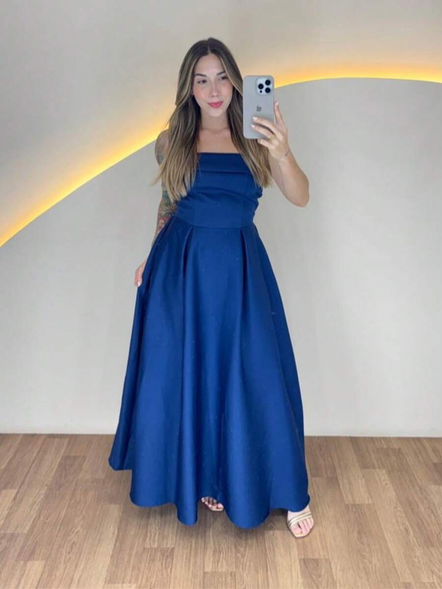 Women's Long Strapless Dress With Back Tie In Elegant Premium Tailoring - 水鴨藍 - 查看 1