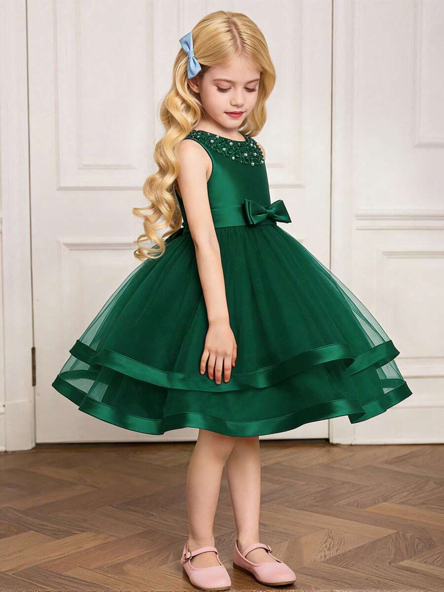 Vestido formal elegante de unicolor con falda de tul y satén con volumen, sin diadema, adecuado para banquetes y fiestas, para niñas - Verde Oscuro - Ver 1