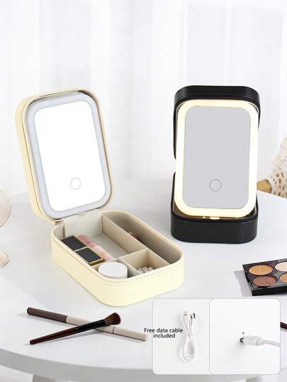 1 hộp trang điểm cưới cổ điển có đèn LED và gương, 3 chế độ màu, túi trang điểm kèm gương và đèn LED, sạc USB, nhỏ gọn và di động, ngăn chứa đồ riêng biệt, vật dụng cần thiết cho đám cưới.