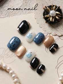 10pcs Press On Nails Blue Apple Black White Golden Nails Press On Nail Supplies Short Nails Fake Nails Artificial Nails Kit Includes 1sheet Adhesive Tabs &1 Pc Mini File - Multicolor - View 3