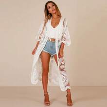 New Arrival Beach Cover-Up Crochet Embroidered Laced Sexy Bikini Sun Protection Top For Women - trắng - Xem 3