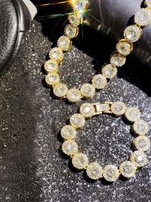 1 pieza Collar de cadena cubana con cristales de azúcar de hielo de moda europea y americana para hombres, collar fresco de baile callejero y hip-hop, regalo de vacaciones - Dorado - Ver 10