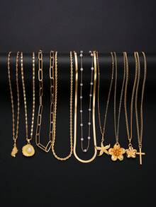 10件套时尚简约优雅仿珍珠花朵十字架海星贝壳金色项链套装，适合女性度假、派对、宴会、节日、生日、日常佩戴 - 金黃色 - 查看 3