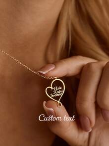Customized Personalized Creative Heart-Shaped Name Necklace, Can Customize 1-6 Names, Stainless Steel Heart-Shaped Name Pendant Jewelry, Unisex Nameplate Pendant Necklace, Family Heart-Shaped Genealogy Necklace - Gold - View 3