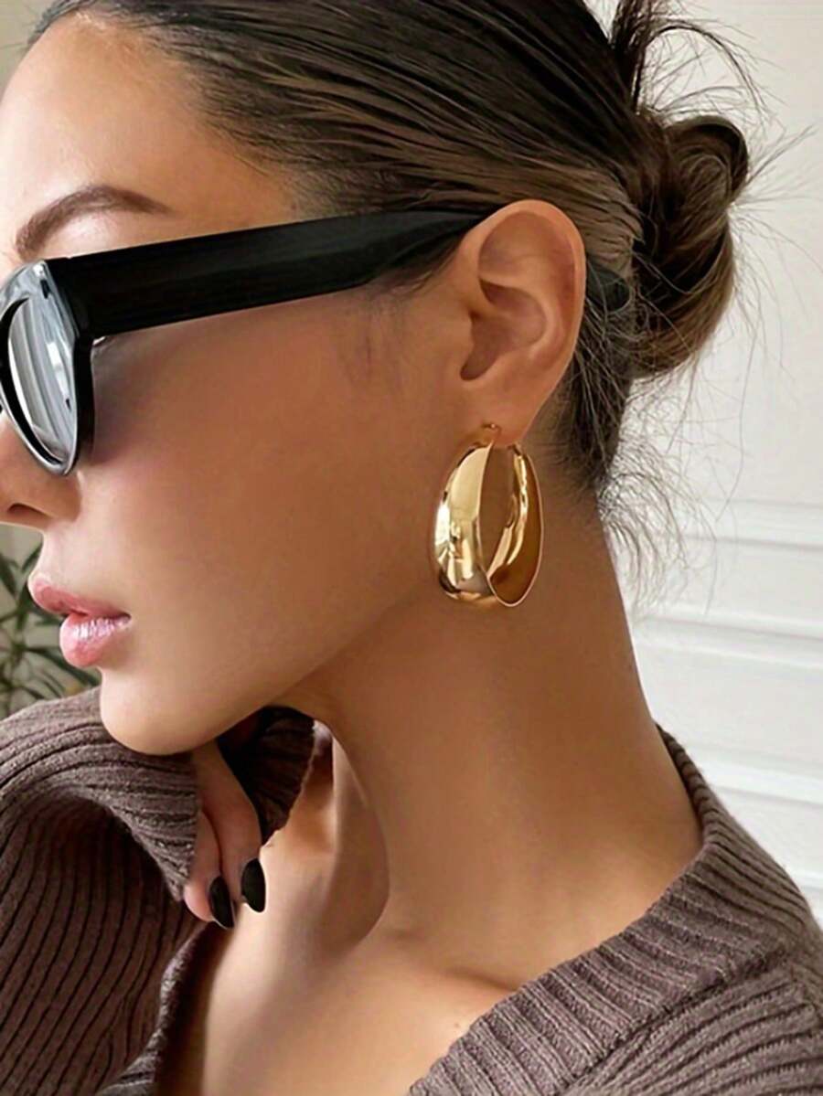 一对欧美风格宽圈耳环,女士个性化耳环 - 金色 - 查看 1