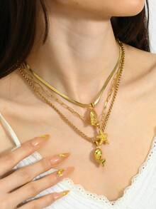 3件套可爱夏季海洋主题不锈钢吊坠项链，包含星星、贝壳、鱼等元素，适合女性日常佩戴和度假配饰 - 金色 - 查看 5