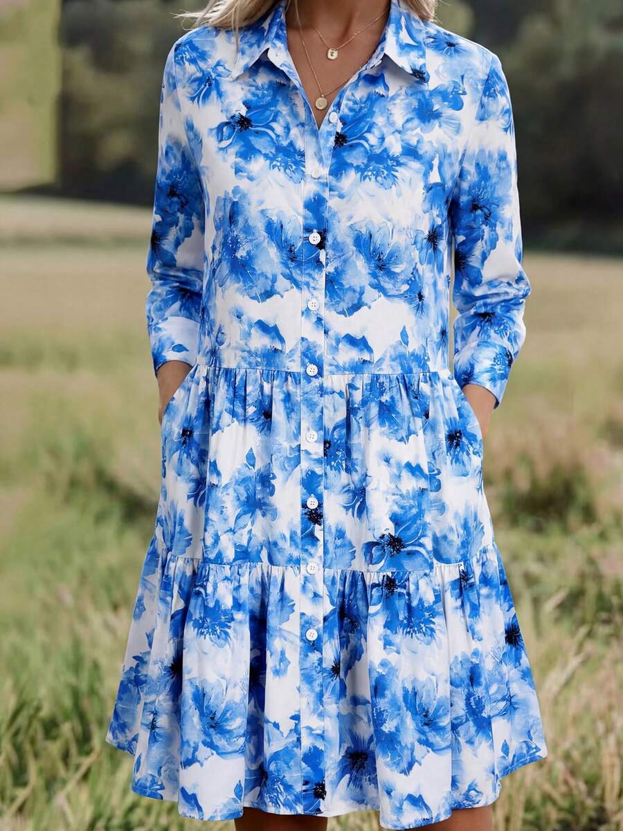 女士蓝色水彩印花迷你连衣裙，单排扣休闲迷你连衣裙，带口袋A字裙，优雅波西米亚风印花迷你连衣裙，长袖连衣裙，适合春夏度假外出，女士度假连衣裙 - 藍白色 - 查看 1