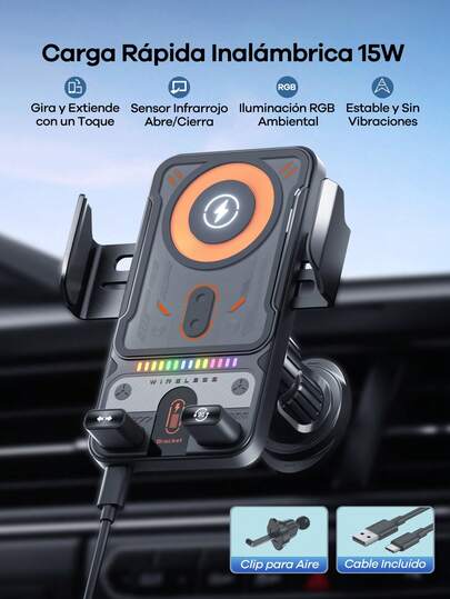 REMAX Soporte de carga inalámbrica rápida de 15W para automóvil con luces de colores; Apertura/cierre con detección automática; Asa antideslizante y protección contra sobrecalentamiento; Puerto Tipo-C, compatible con teléfonos Apple/Android; Soporta fundas de teléfono, rotación de 90°; Accesorio universal para automóvil