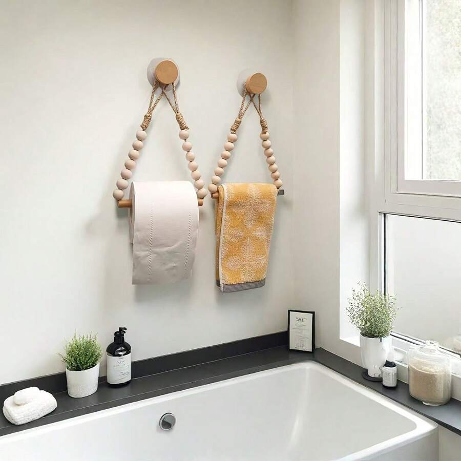 1 Stück Toilettenpapierhalter mit Holzstab und Perlen, Küche Badezimmer Holzstab & Perlen Küchenrollenhalter, Handtuchhalter, Landhausstil nordischer Stil Holz Handtuchhalter, Wohndekoration Küchenrolle & Handtuch Aufbewahrung Hängeaccessoire - Verschiedenfarbig - Übersicht 1