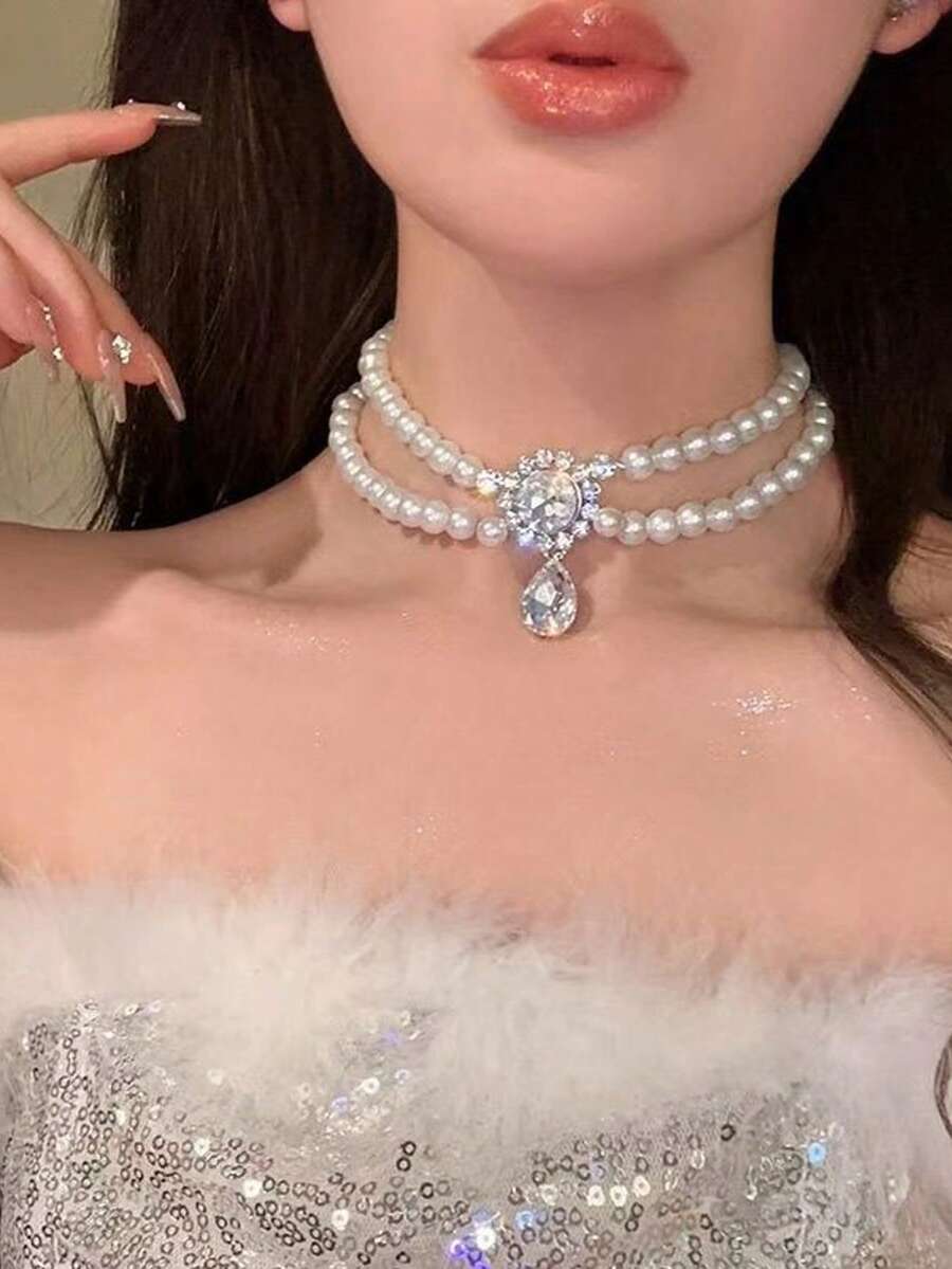 欧美创意珍珠水钻水滴花朵项链，法式优雅奢华锁骨链，女士独特晚礼服时尚项链 - 彩色 - 查看 1