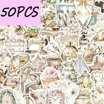 50张白色艺术复古贴纸，适用于装饰手机、信封、礼品盒，防水贴纸