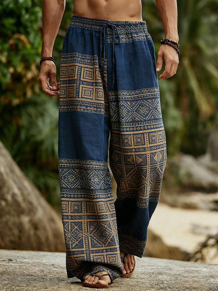 European And American Men's Long Pants, Casual Men's Trousers, Drawstring Design, Comfortable And Skin-Friendly Fabric, Loose Fit, Suitable For City Street Outings And Leisure, A Must-Have Item For Men's Stylish Outfits. - 彩色 - 查看 1