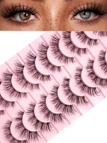 10 Pairs Transparent Band 3D Faux Mink False Eyelashes Soft Fluffy Natural Long Thick Volume Wispy Reusable Daily Wear Lashes - Black - View 1
