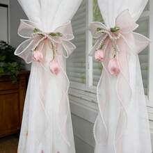 2 pièces/4 pièces Embrasses de rideaux en dentelle avec perles en forme de nœud papillon, décor de tulipes roses. Embrasses de rideaux de style princesse française avec ruban perlé pour la maison et les bureaux, décoratif - Rose bonbon - Voir 12