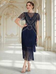 EVERPRETTY Đầm cocktail kiểu Flapper thập niên 1920 dành cho nữ mùa hè, đính cườm và tua rua, dáng midi, thích hợp cho tiệc tối, sự kiện cổ điển, dạ hội hoặc đám cưới. - Màu xanh hải quân - Xem 2