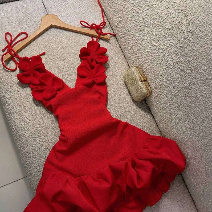 女士手工3D立体花卉装饰深V领吊带系带晚礼服，性感花卉褶边连衣裙，优雅夏季 - 紅色 - 查看 1