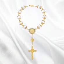1pc Silver Rhinestone Cross Car Rearview Mirror Decoration, Elegant Car Charm Beaded Hanging Ornament - A - View 7
