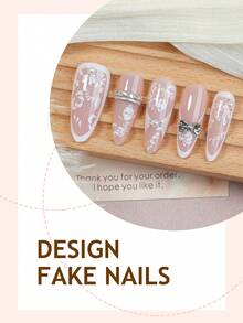 10 Peças Unhas Postiças Acrílicas Flor Francesa, Unhas Artificiais Estilo Y2K em Formato de Amêndoa de Cor Metálica de Comprimento Médio, Conjunto 3D com Decorações de Laço/Contas Brancas, Adequado para Salões de Beleza, Meninas e Mulheres para Uso Diário, Festivais, Festas, Presentes - Multicolorido - Visão 3