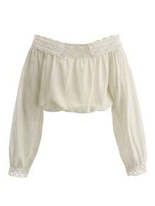 ii Off Shoulder Lace Patchwork Tie-Waist Cropped Long Sleeve Top Spring - Apricot - View 5