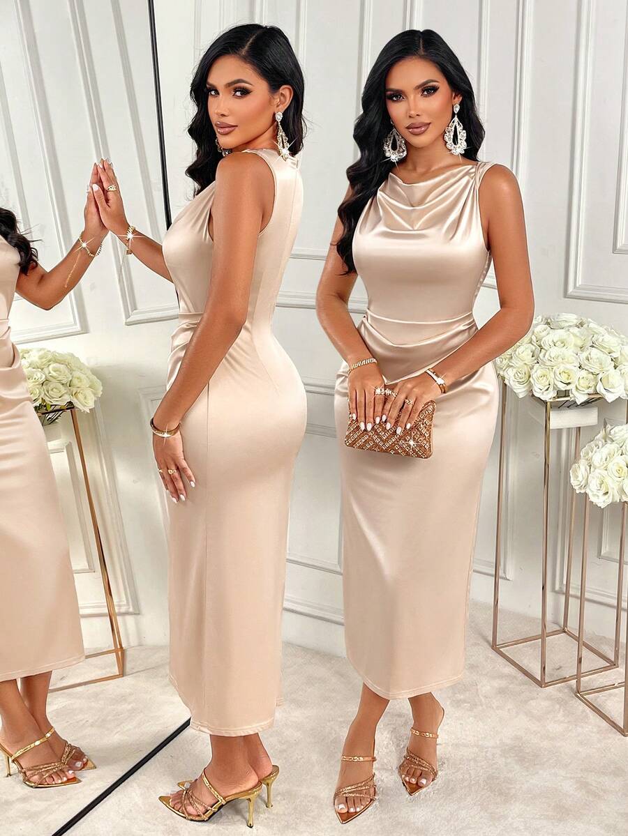 AIJ Đầm midi satin trơn Amarilo dành cho nữ - Không tay, cổ cao, eo nhún, thiết kế ôm sát, thanh lịch, thích hợp cho hẹn hò, đám cưới, tiệc tùng, mùa xuân/hè. - Màu be - Xem 1
