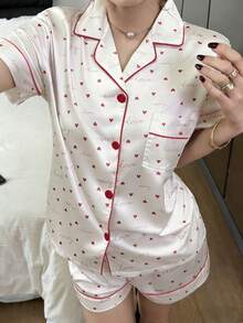 Dreamivo Bộ đồ ngủ nữ in hình trái tim, áo cổ bẻ và quần short, thích hợp cho ngày Valentine, kiểu dáng thoải mái, phù hợp cho mọi mùa, có cúc cài. - trắng - Xem 6