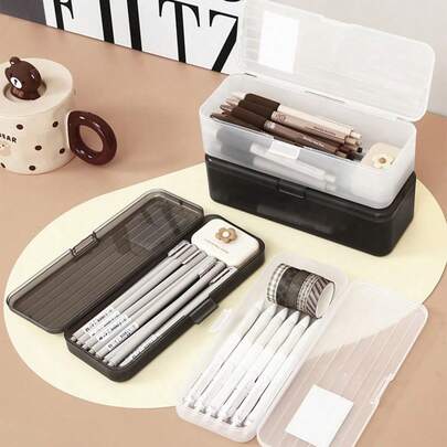 3 piezas de cajas de almacenamiento de plástico transparente multiusos, adecuadas para artículos de papelería, suministros de arte y manualidades - excelentes para guardar bolígrafos, lápices, marcadores, gomas de borrar, cintas, pegatinas y cuentas.