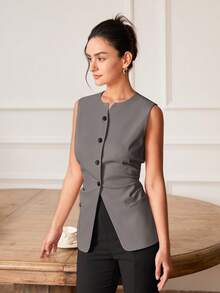 Áo vest không tay ôm sát, thanh lịch, quyến rũ, phong cách cổ điển dành cho nữ, áo croptop công sở thường ngày, thích hợp cho mùa xuân/hè. - Xám - Xem 5