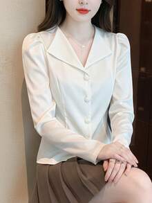 短款不对称法式泡泡袖衬衫，纽扣前襟，纯色办公服饰，春季白色 - 白色 - 查看 2