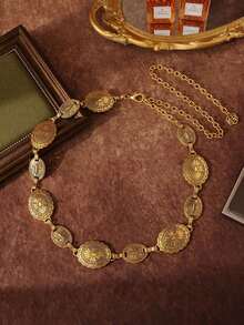 1pc Ladies' Bohemian & Western Style Carved Flower & Geometric Pattern Vintage Waist Chain, Casual And Fashionable, Gold Color,Suitable Pairing With Western Jeans, Casual, Beach, Party, Summer,Festival - 金色 - 查看 1