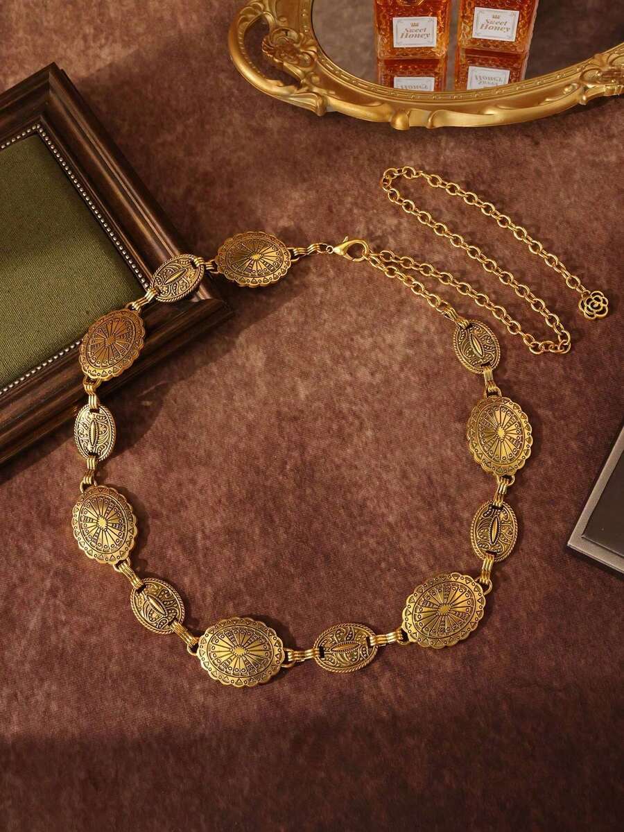 1pc Ladies' Bohemian & Western Style Carved Flower & Geometric Pattern Vintage Waist Chain, Casual And Fashionable, Gold Color,Suitable Pairing With Western Jeans, Casual, Beach, Party, Summer,Festival - 金色 - 查看 1