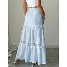 女士休闲A字法式蕾丝边抽绳腰白色长裙，夏季度假裙装 - 淺藍色 - 查看 4