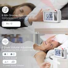 数字投影闹钟，多功能桌面时钟，可调节投影角度，适用于卧室床头柜和办公室，LED显示屏，便捷的唤醒解决方案 - 白色 - 查看 8