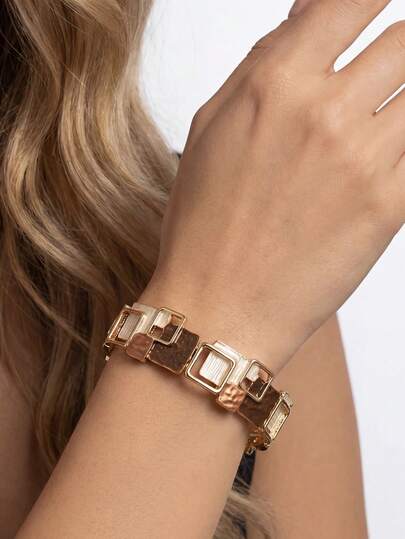 Cring Coco 1件装女士手镯 时尚波西米亚卡其色简约几何方形设计金色手镯 适合日常、派对、海滩度假、音乐节、母亲节、生日等场合佩戴 珠宝配饰礼品