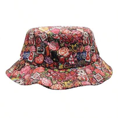 Vintage Printed Bucket Hat For Women, European And American Cartoon Style, Versatile Outdoor Sun Protection Hat