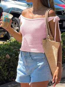 Áo dệt kim màu vàng hở vai phong cách Y2K, thích hợp cho kỳ nghỉ biển và các chuyến đi chơi. Màu hồng. - Hồng - Xem 6