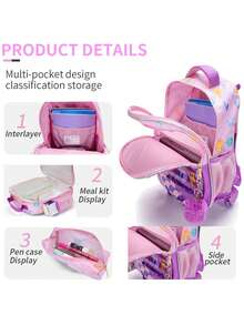 BLING BABIES 3pcs/Set Rolling Backpack, Cute Mermaid Sequin Design, Suitable For Elementary Students, With Lunch Box And Pencil Case - Pink - View 8