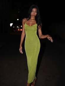 Solid Color Shoulder Knit Backless Fitted Cocktail Dress, Evening Gown, Suitable For Formal Dinners, Parties, Vacations And Other Occasions Party Spring Wedding - Green - View 6
