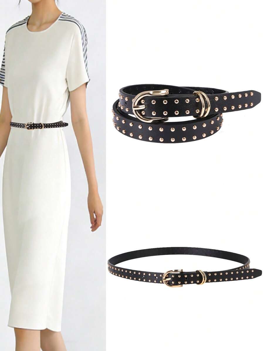 1 pieza Cinturón delgado y elegante para mujer con remaches dorados pequeños y hebilla de aleación, cinturón de piel de poliuretano sólido, de color lindo y elegante, adecuado para primavera, verano y escuela - Negro - Ver 1