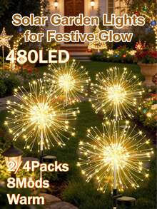 2/4 Packaging Outdoor Solar Fireworks Light - DIY Decoration, Used For Routes, Gardens, Courtyards, Parties, Weddings, Festivals, Christmas Decorations, Solar Flooring, Lawn Lights, Halloween Decorative Lights Solar Firework Light - Warm White - View 1