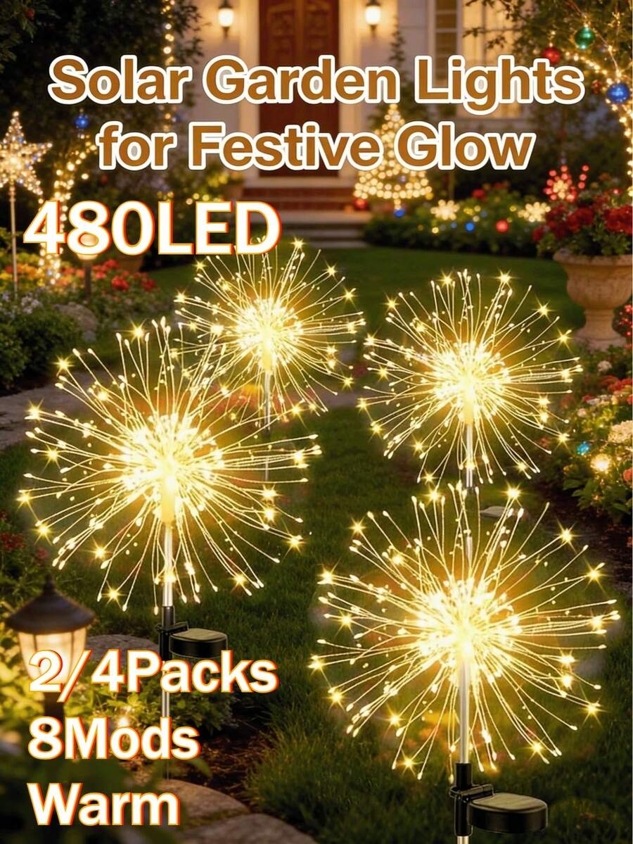 2/4 Packaging Outdoor Solar Fireworks Light - DIY Decoration, Used For Routes, Gardens, Courtyards, Parties, Weddings, Festivals, Christmas Decorations, Solar Flooring, Lawn Lights, Halloween Decorative Lights Solar Firework Light - Warm White - View 1
