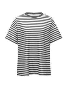 Vaiaye 女士宽松圆领休闲T恤，条纹拼接简约修身短袖T恤，春夏宽松版型T恤，适合情人节穿着 - 灰白條紋 - 查看 3