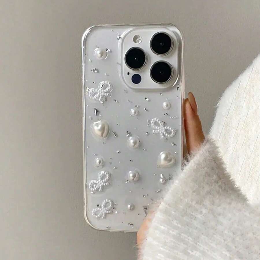 1个奢华3D珍珠蝴蝶结银箔手机壳，适用于 17 Pro Max Air 16 15 14 13 12 11 Pro Max 小米 Ni XR X XS Max 7 8 Plus - 無色 - 查看 1