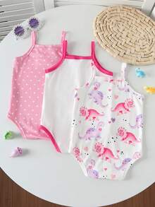 3pcs/Set Baby Girls' Summer Polka Dot & Dragon & Animal Print Romper Bodysuit Set - Multicolor - View 2