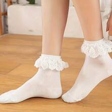 A Pair Of Women's Mid-Calf Socks With Lace Trim, Sweet And Cute. - 白色 - 查看 5