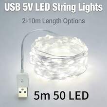 1 Pack 5V USB LED String Lights | Flexible Copper Wire | 2-10M | Plug And Play | Low Voltage | Ideal For Christmas, Valentine's Day, Bedroom, Party And Wedding Decoration - White - View 6