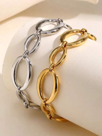 1pc Hand-Made Chain Stainless Steel Bracelets,Minimalist Elliptical Bracelet For Women Waterproof Jewelry Gift