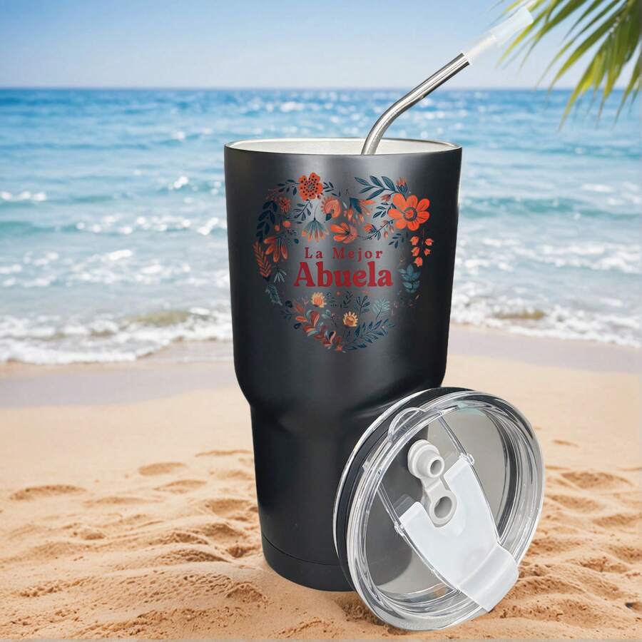 30oz Stainless Steel Tumbler Black White Options, The Best Grandma Floral Pattern Graphic Cups, Insulated Travel Coffee Mug With Lid And Straw , Double Wall Vacuum Reusable Travel Cups, Funny Birthday Party Gift For Men - 黑色 - 查看 1